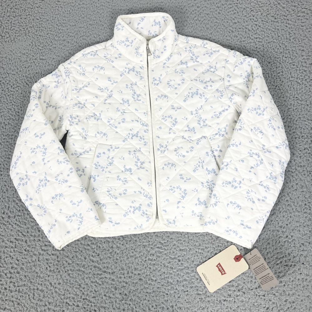 Levi Strauss Quilted Jacket Womens XS White Blue Floral Full Zip Lined Insulated